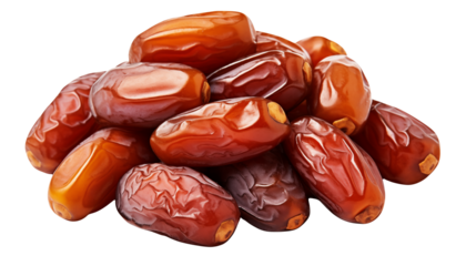 Close up shows a pile of delicious, brown dates on a transparent black background, ready for healthy snacks or culinary applications.