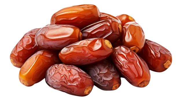 Close up shows a pile of delicious, brown dates on a transparent black background, ready for healthy snacks or culinary applications.