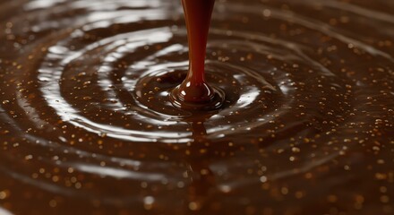 Pouring dark chocolate sauce creating ripples and bubbles on the surface of the chocolate liquid