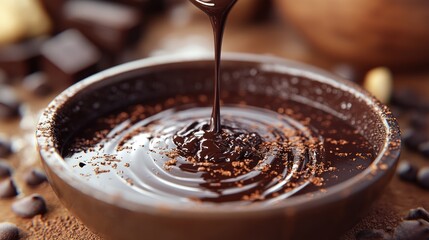 Melted Chocolate Pouring into Bowl, with Chocolate Chips and Cocoa Nibs