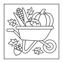 Harvest Wheelbarrow Coloring Page – Pumpkins, Corn, and Fall Leaves Illustration