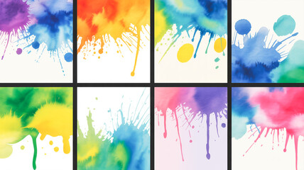 A set of eight colorful watercolor abstract backgrounds arranged in a 2x4 grid
