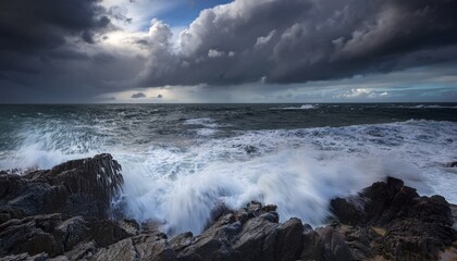 Obraz premium a dramatic seascape featuring stormy waves crashing against rocky shores under dark cloudy skies