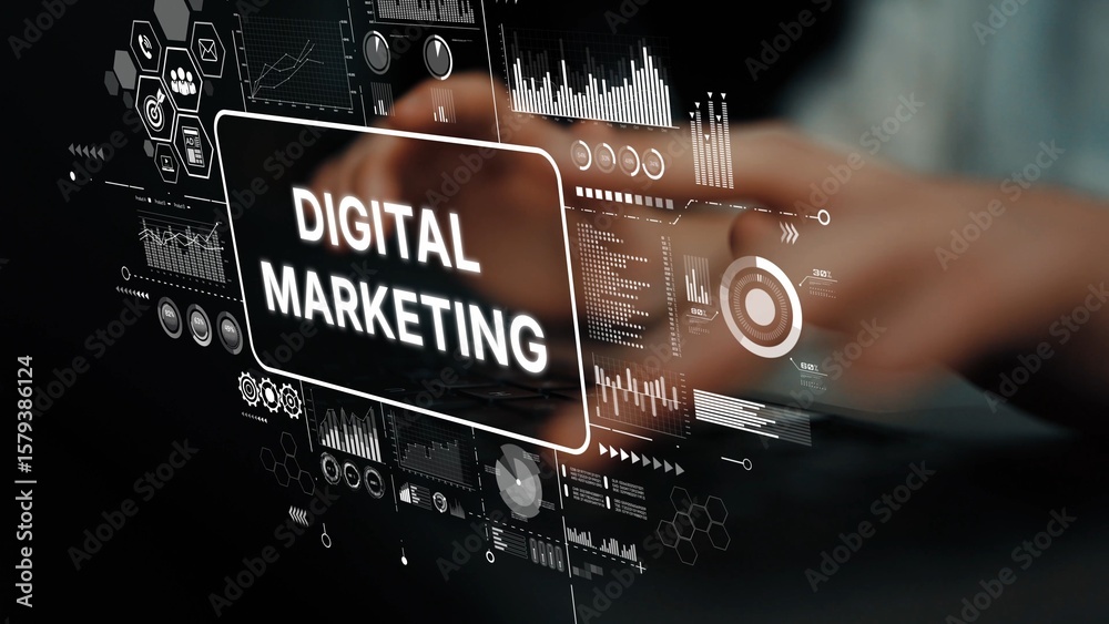 Poster hands interacting with digital marketing data on a modern interface with graphs and statistics for b