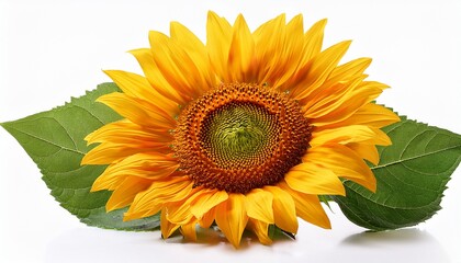 Obraz premium bright sunflower with green leaves isolated on white background