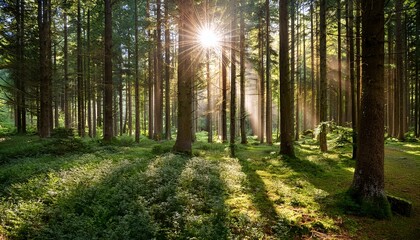 Naklejka premium sunlight filtering through tall trees in a tranquil forest at sunrise