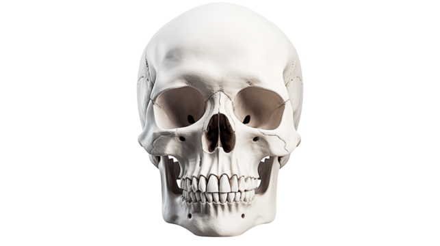 An isolated skull demonstrates the skeletal anatomy against a stark black background, showcasing detailed bone structure.