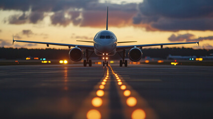 Tarmac lines and taxiway edge light in foreground, plane piloted by female captain in background