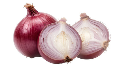 Fresh red onions, one whole and one halved, showcase their vibrant color and texture isolated on transparent background