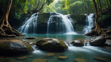 Fototapeta premium Scenic waterfall in Thailand tropical forest. Beautiful nature loopable seamless