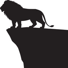 Lion silhouette vector illustration standing on rock cliff wildlife animal predator design isolated black art