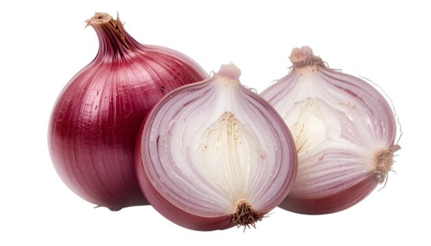 Fresh red onions, one whole and one halved, showcase their vibrant color and texture isolated on transparent background