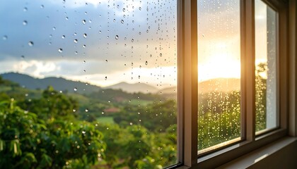 Rain on window, sunset view