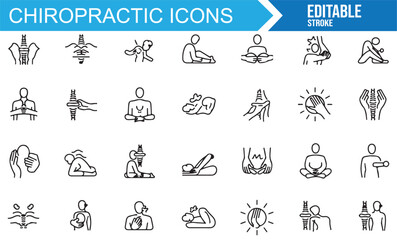 Collection of body adjustment and chiropractic treatment icons for healthcare.