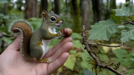 Obraz premium Tiny squirrel holding acorn in human hand