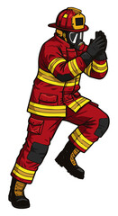 A determined firefighter, donned in complete red protective attire, including a helmet and mask, stands poised and ready with hands clasped together
