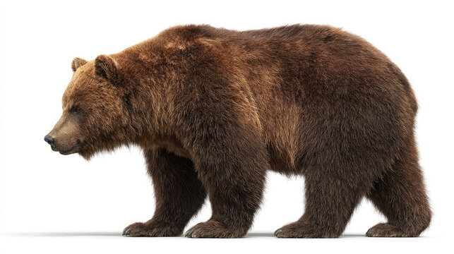 A brown bear standing on a white background in a side profile view looking to the left side