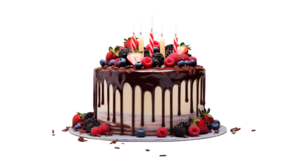Delicious cake adorned with fresh berries and lit candles stands against a black background for celebrations.