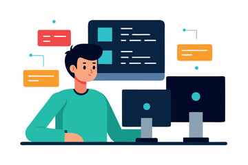 Young man working on multiple computer screens with data and information visualized