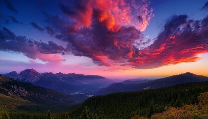 Fototapeta premium vibrant clouds swirl above tranquil mountains as dusk sets in creating a breathtaking twilight atmosphere
