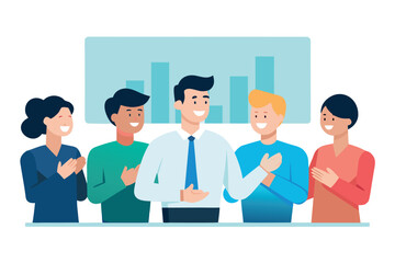 Diverse group of people applauding a successful presentation with a bar chart in the background