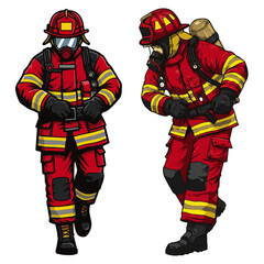 Obraz premium Two brave firefighters in full red protective gear, helmets, and masks, stand ready for action, one adjusting gear, the other in a dynamic pose