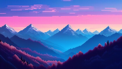 tranquil mountain range landscape pixelated blue and purple mountains under a pastel sky pixel art
