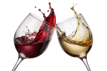 Two wine glasses clinking together with splashes of red and white wine creating dynamic motion isolated on transparent background