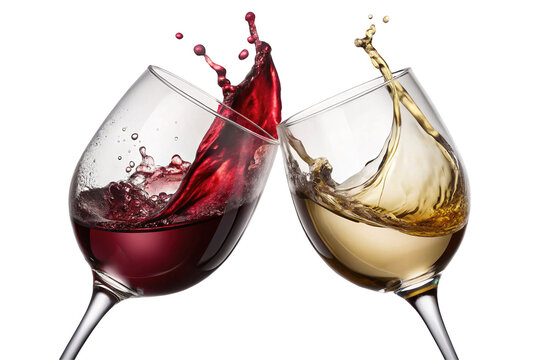 Two wine glasses clinking together with splashes of red and white wine creating dynamic motion isolated on transparent background - Powered by Adobe