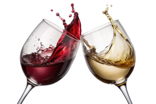 Two wine glasses clinking together with splashes of red and white wine creating dynamic motion isolated on transparent background