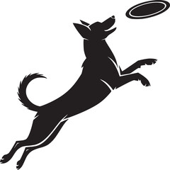 Dog catching frisbee silhouette vector illustration for pet lovers and dog training enthusiasts design element