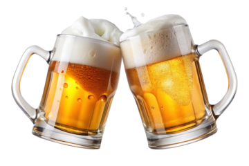 Two frosty beer mugs clinking together with frothy foam splashing and condensation on glass isolated on transparent background