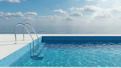 A luxurious infinity swimming pool overlooking the vast, calm ocean under a clear blue sky with fluffy white clouds and warm sunlight, perfect for relaxation, vacation, travel, and summer leisure.