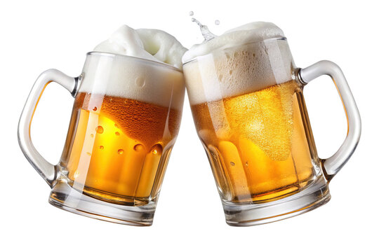 Two frosty beer mugs clinking together with frothy foam splashing and condensation on glass isolated on transparent background