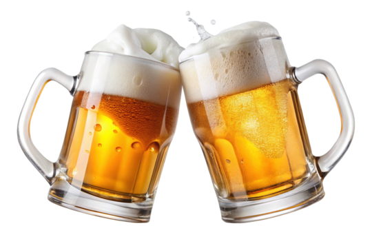 Two frosty beer mugs clinking together with frothy foam splashing and condensation on glass isolated on transparent background