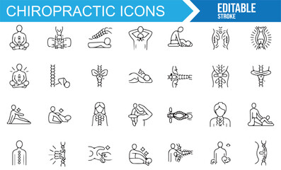 Set of chiropractic icons for spinal care, therapy, and wellness.