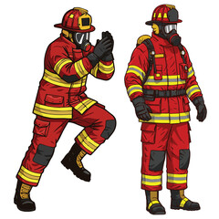 Two dedicated firefighters, fully equipped in red protective gear, helmets, and masks, one in an active posture and the other standing prepared for duty