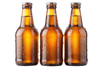 Three amber beer bottles with condensation cold refreshing drink alcohol brew on transparent background