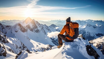 Hiker Sitting on Snowy Mountain Peak at Sunrise with Panoramic View