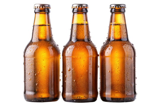 Three amber beer bottles with condensation cold refreshing drink alcohol brew on transparent background - Powered by Adobe