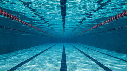 An immersive underwater view inside an empty blue swimming pool with crystal clear water showing lane lines, divider ropes, tiled floor, illuminated by surface light.