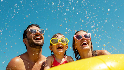 Joyful family with child splashing water and laughing under a bright summer sky, wearing heart-shaped sunglasses, enjoying a refreshing moment together during vacation
