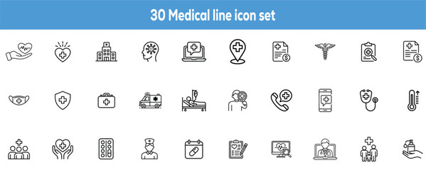 Collection of thirty medical line icons representing various healthcare related concepts such as ambulance hospital doctor appointment and online medical services vector illustration