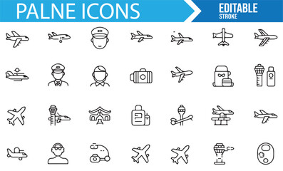 Set of air travel icons, including pilots, planes, and flight-related equipment.