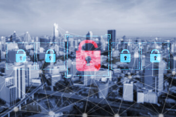Digital security concept illustrating a cybersecurity breach, with a red unlocked padlock...
