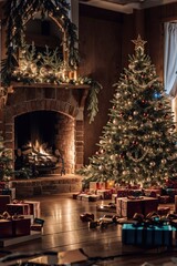 Cozy living room decorated for Christmas, featuring a beautifully lit tree, a warm fireplace, and wrapped gifts scattered on the wooden floor, creating a festive atmosphere for the holiday season