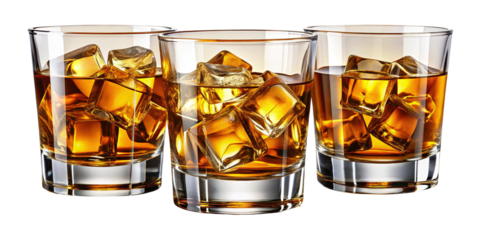 Three glasses of amber whiskey with ice cubes arranged closely together in a studio shot isolated on transparent background