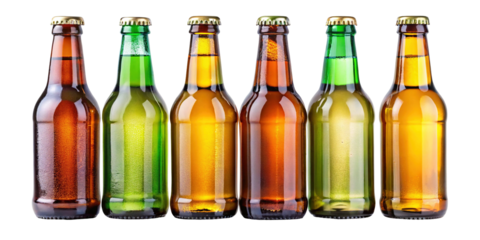 A row of six assorted beer bottles with golden caps including amber green and clear glass bottles filled with golden liquid isolated on transparent background