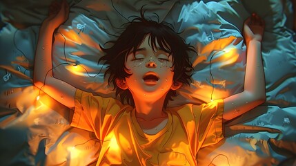A young boy lies peacefully in bed with his mouth slightly open, immersed in deep sleep or restful tiredness, portraying innocence, vulnerability, and the calmness of childhood rest

