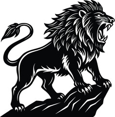 Fototapeta premium Majestic Roaring Lion Silhouette Standing Proudly on Rocky Cliff